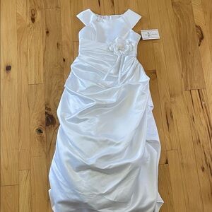 Girls' Elegant White Satin Flower-Waist Formal Dress, circa 2014